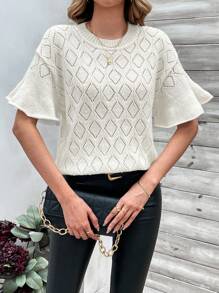 SHEIN Clasi Lolita Style Short Sleeve Round Neck Knitted Top With Hollow Out Detail - White - View 3