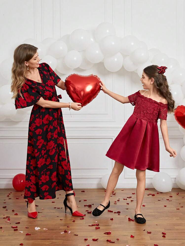 Tween Girls' Lace Bow Knot Decorated Short Sleeve Off-Shoulder Dress With Patchwork Design
