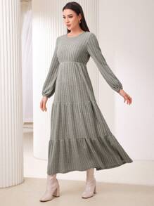 Mulvari Solid Color Ribbed Knitted Dress - Grey - View 3