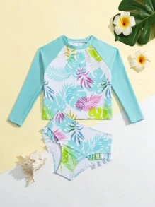 年輕女孩植物印花長袖泳衣套裝 - 彩色 - 查看 1