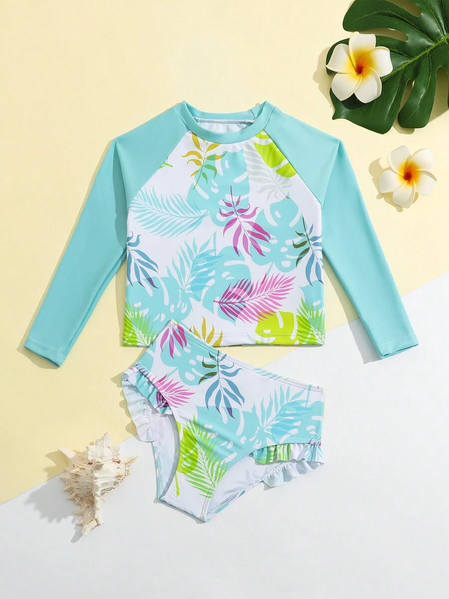 年輕女孩植物印花長袖泳衣套裝 - 彩色 - 查看 1