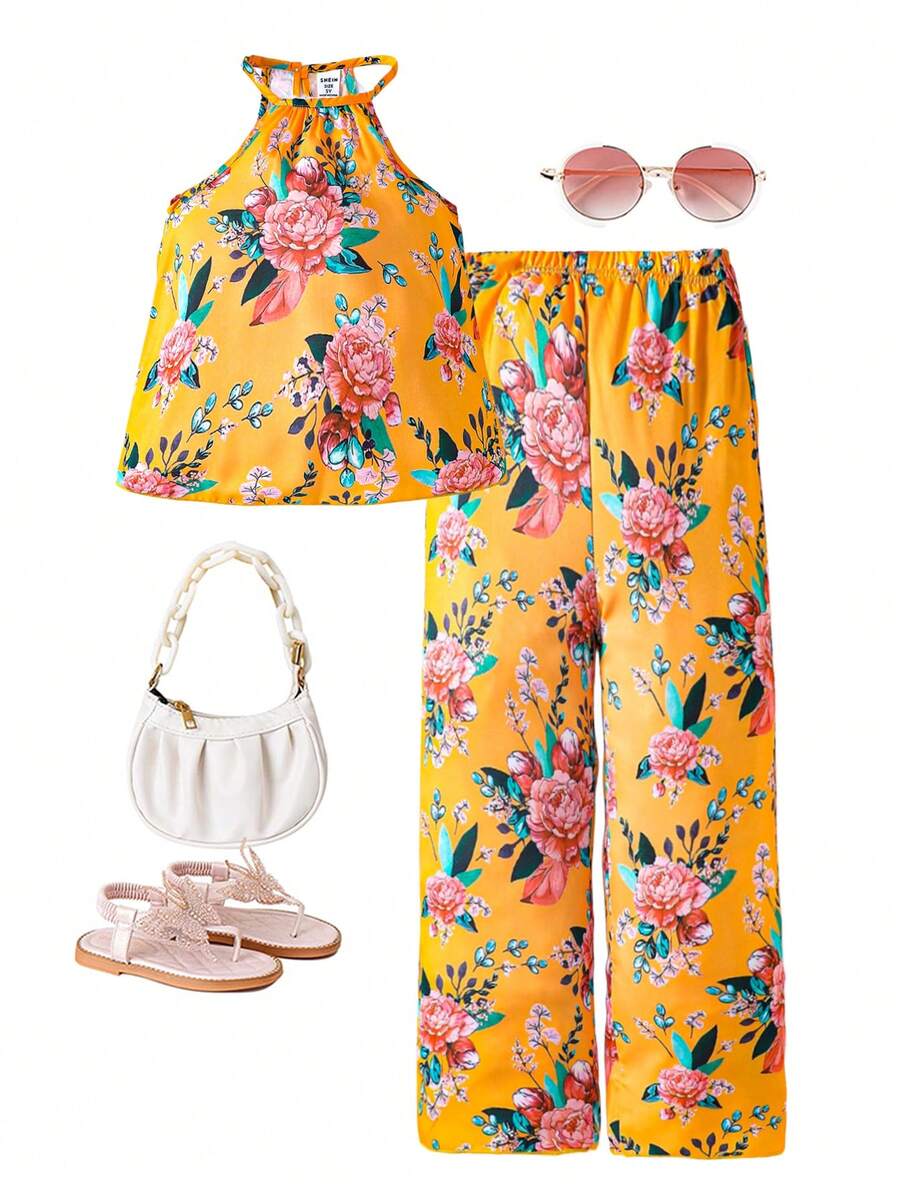 SHEIN Little Girls' Floral Print Casual 2-Piece Set - Orange - View 1
