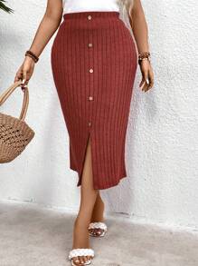 Calvaya 大碼條紋針織前開襟分叉裙 - 紫紅色 - 查看 3