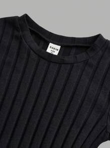 SHEIN Áo thun dệt kim ngắn tay có gân màu trơn dành cho nữ sinh Tween (3 gói) có đường viền cổ tròn - Màu xanh Cadet - Xem 3