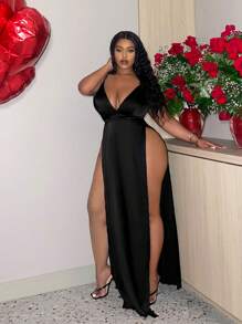 Slaydiva Váy dài xẻ cao Slayr Plus Size thanh lịch gợi cảm bằng vải satin chữ V sâu dành cho nữ - màu đen - Xem 5