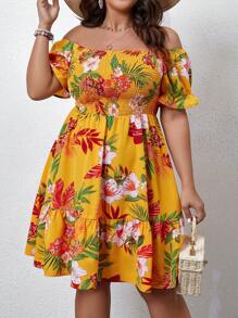 Sunnyshic 大码女式波西米亚风植物印花露肩连衣裙，适合夏季 - 黃色 - 查看 3