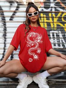 SHEIN EZwear Women's Dragon Pattern Loose Fit T-Shirt - Red - View 1