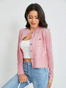 SHEIN Clasi 幾何圖案前紐扣開襟衫 - 粉色 - 查看 6