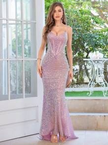 Váy dạ hội trang trọng lấp lánh viền đuôi cá cho nữ, váy dự tiệc cưới thanh lịch, dự tiệc tốt nghiệp, tiệc tối - Hồng - Xem 1