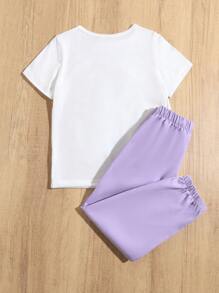 SHEIN 少女卡通貓印花短袖T恤和運動褲套裝 - 彩色 - 查看 2