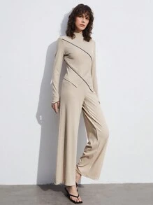 BizChic Bộ áo thun dài tay cổ đứng viền bất đối xứng và quần dài cho nữ - Màu Khaki - Xem 3