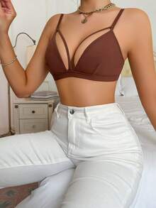 女士純色鏤空胸罩 - 咖啡棕 - 查看 4