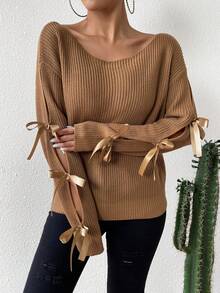 SHEIN Essnce Knotted Split Long Sleeve Solid Color Pullover Sweater - Brown - View 3
