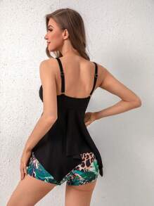 SHEIN Swim 女士豹纹与植物印花背心吊带比基尼夏季 - 黑色 - 查看 2