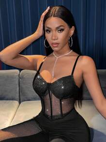 VaVaBold 亮片寬魚網背心上衣 - 黑色 - 查看 5