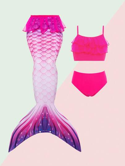 Sparklyn Tween Girls' Mermaid Style 3pcs Swimwear Set (Top, Bottom & Mermaid Tail) Summer Holiday