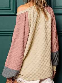 Astylish Colorblock Patchwork Crew Neck Raglan Lantern Sleeve Textured Knit Top - Multicolor - View 2