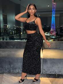 Zolique Women'S Zebra Print Camisole Top And Mermaid Tail Skirt Set - Black - View 3