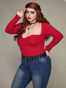 ROMWE PUNK Plus Size Women's Sweetheart Neck Sweater Pullover - Red - View 6