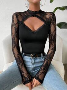 SHEIN Unity Women's Lace Patchwork Hollow Out Top - Black - View 5