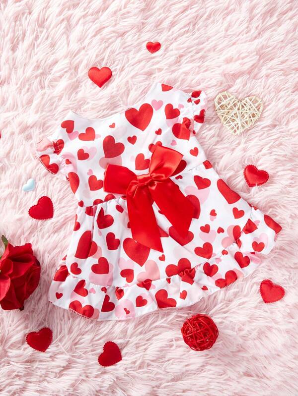 PETSIN Valentine's Day 1pc Pink Heart & Red Bow Design Cute Printed Pet Dress For Cats And Dogs With Cap Sleeves