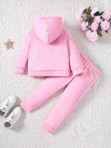 SHEIN Toddler Girls' 2pcs Casual Hooded Sweatshirt And Sports Pants Set With Letter Print, Suitable For Spring And Autumn - Pink - View 2