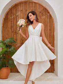 YUMIBRAVO Sleeveless Deep V-Neck High Low Satin Dress White Elegant Bridal Dress Wedding Dress White Dress,Bride