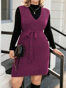 Calvaya Plus Size Women's Sweater Vest Dress With Belt - Purple - View 6