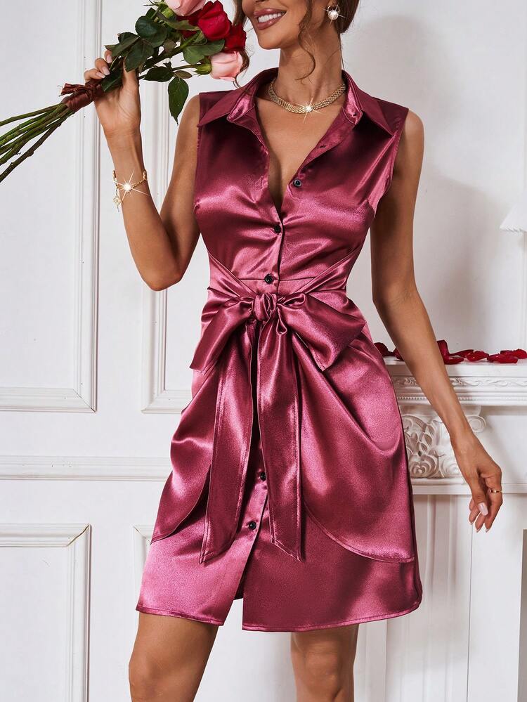 Satin Bandage Style Sleeveless Women's Dress
