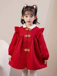 Girls' Chinese Traditional Dress With Embroidery Trim And Frog Button Closure