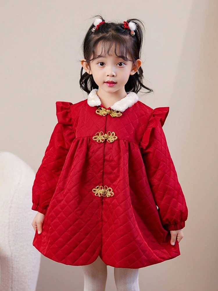 Girls' Chinese Traditional Dress With Embroidery Trim And Frog Button Closure