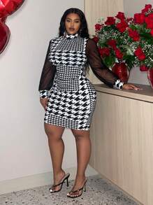 Slaydiva 大尺碼拼接網紗長袖緊身裙,犬牙紋款式 - 黑與白 - 查看 4