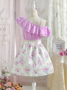 SHEIN Conjunto De Dos Piezas Con Falda Texturizada Y Top De Color Liso Para Niñas Pequeñas Para Primavera Y Verano