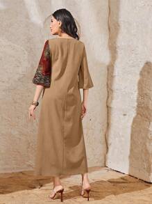 Seusyu Women's Arabian-Inspired Botanical Print Dress, Modest - Brown - View 2