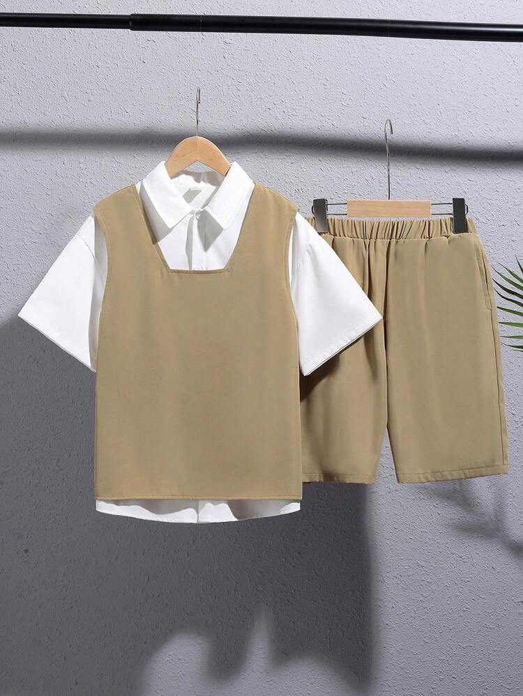 Tween Boys' Casual Korean Style Vest With Crewneck, Loose Fit Pants And Short Sleeve Shirt With Notched Collar, Woven Fabric 3pcs/Set