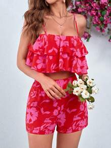 SHEIN VCAY Women's Floral Print Casual Two-Piece Set - Red - View 4