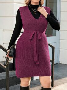 Calvaya Plus Size Women's Sweater Vest Dress With Belt - Purple - View 1