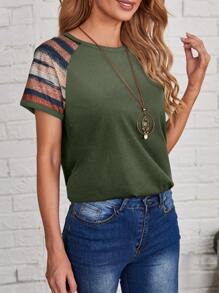EMERY ROSE Women's Contrast Stripe Raglan Sleeve T-Shirt - Army Green - View 3
