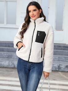 RELISH NOLESS 女士休闲日常拉链撞色羊羔绒夹克，秋冬 - 米色 - 查看 4
