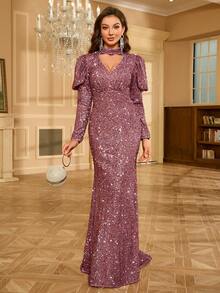 Women's Glamorous Gigot Sleeve Hollow-Out Sequin Mermaid Dress - Dusty Pink - View 3