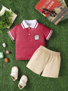 嬰兒男孩簇麻拼色短袖波羅衫和短褲套裝 - 紅色 - 查看 1