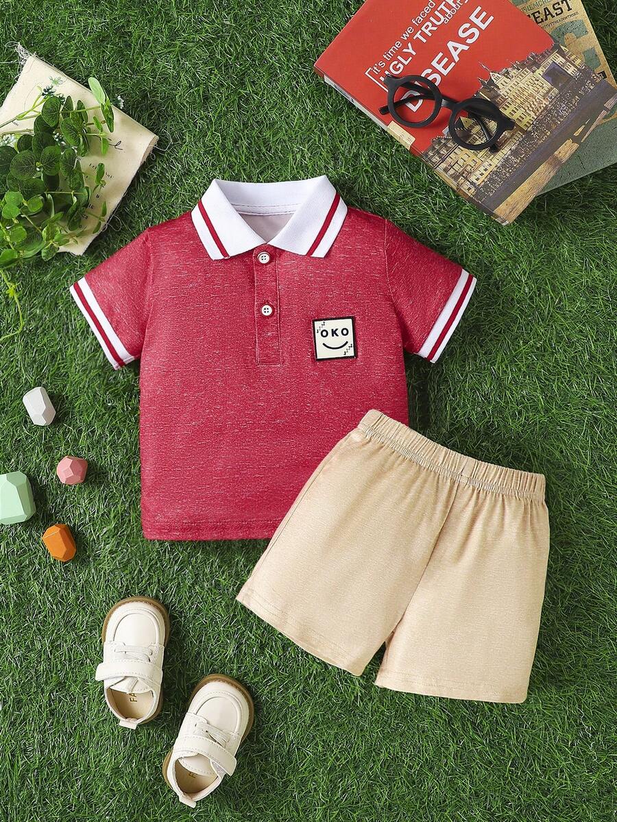 嬰兒男孩簇麻拼色短袖波羅衫和短褲套裝 - 紅色 - 查看 1