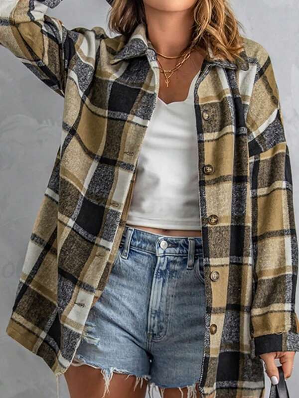 SHEIN PETITE Plaid Drop Shoulder Shirt Fall Cloth For Women