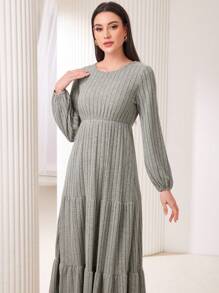 Mulvari Solid Color Ribbed Knitted Dress - Grey - View 5