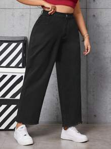 CovetEZ 大尺碼純色直筒牛仔褲 - 黑色 - 查看 4