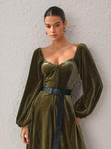 Brittney Do 设计师女士天鹅绒甜心领灯笼袖连衣裙，优雅连衣裙，秋季新年夜服装，适合秋冬季、节日、派对 - 綠色 - 查看 4