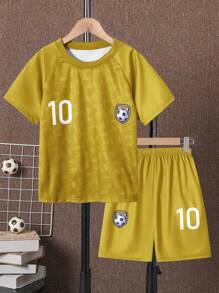 SHEIN Tween 男孩字母印花拼布插肩短袖 T 恤和短褲套裝 - 黃色 - 查看 1