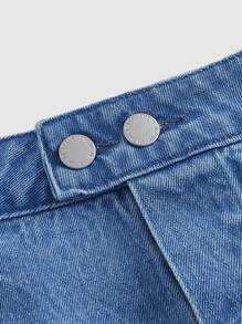 SHEIN MOD 高腰休閒寬鬆剪裁側鈕設計女士丹寧裙 - 淺色水洗藍 - 查看 4