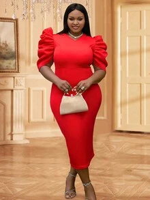 Plus Puff Sleeve Split Back Bodycon Dress - Red - View 7