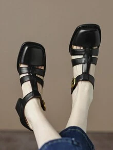 女士黑色透切粗跟t型復古正方形拖鞋時尚高跟鞋 - 黑色 - 查看 2